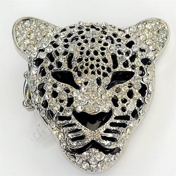 Vintage Silver Leopard Head Statement Ring Crystal Rhinestone Stretch Ring - Picture 1 of 9